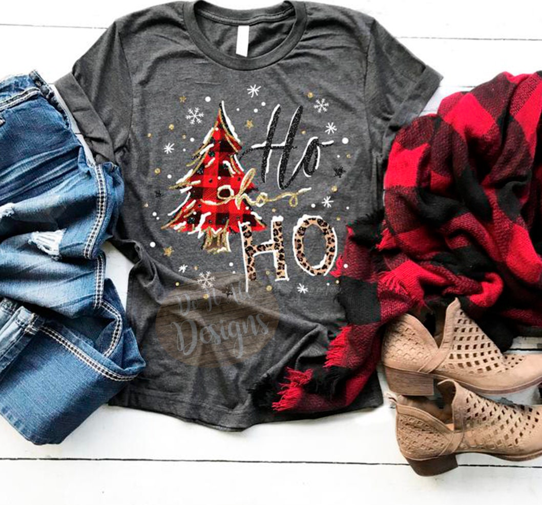 Ho Ho Ho Christmas Tree Shirt // Buffalo Plaid // Leopard Print // Bella Canvas