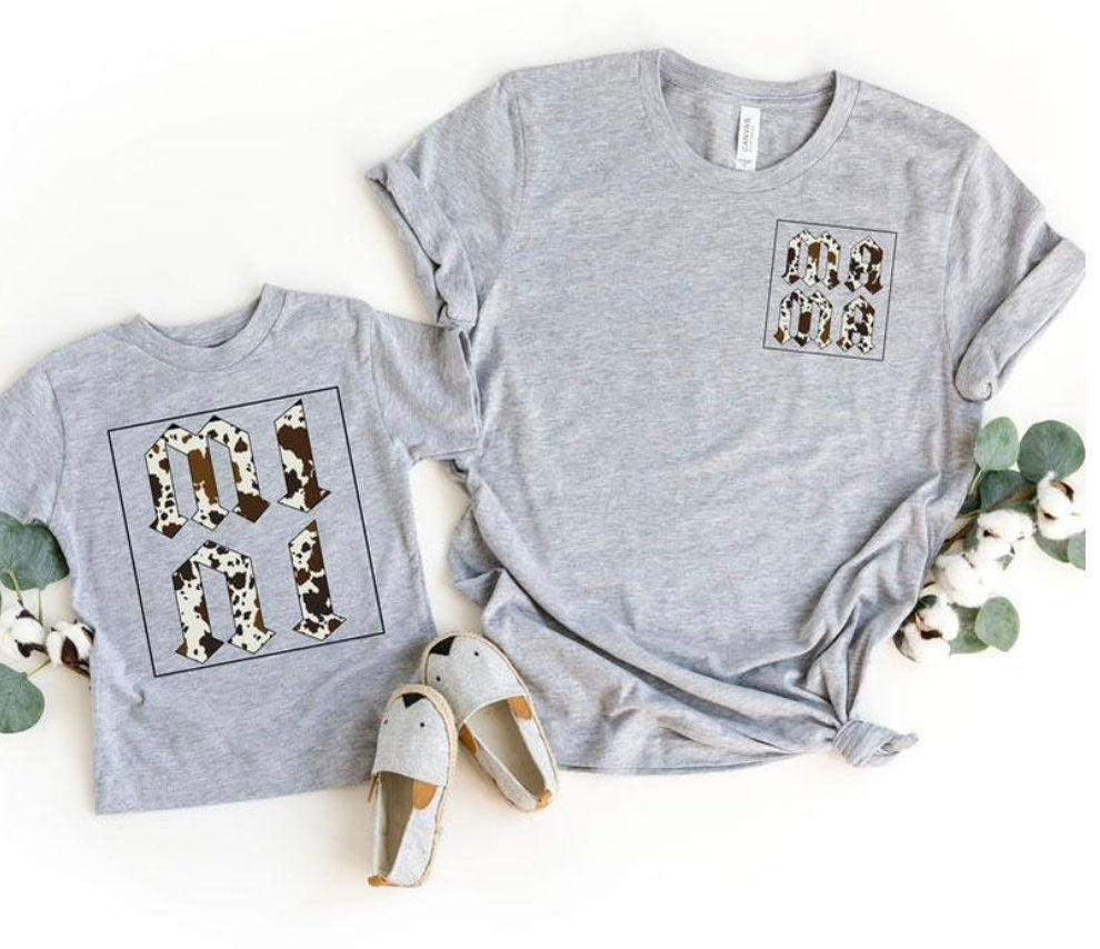 Mama and Me Cow Print Shirt // Cowhide Print // MINI MAMA Print // Bella Canvas Shirt