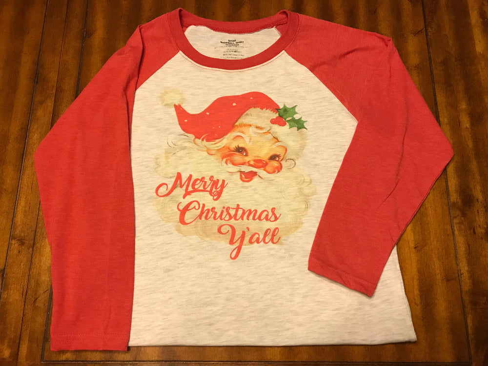 Vintage Santa Merry Christmas Y'all Raglan Shirt // Christmas Shirt // Vintage Santa // Raglan Tee