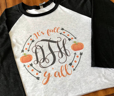 It's Fall Y'all Monogrammed Raglan Tee // 3/4 length Baseball tee // Monogram // Customized Tee