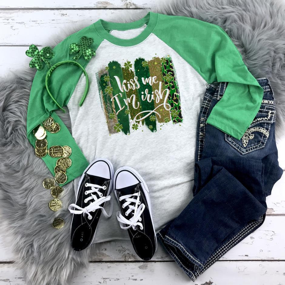 St. Patrick's Day Shirt // Kiss Me I'm Irish Shirt // Raglan Shirt